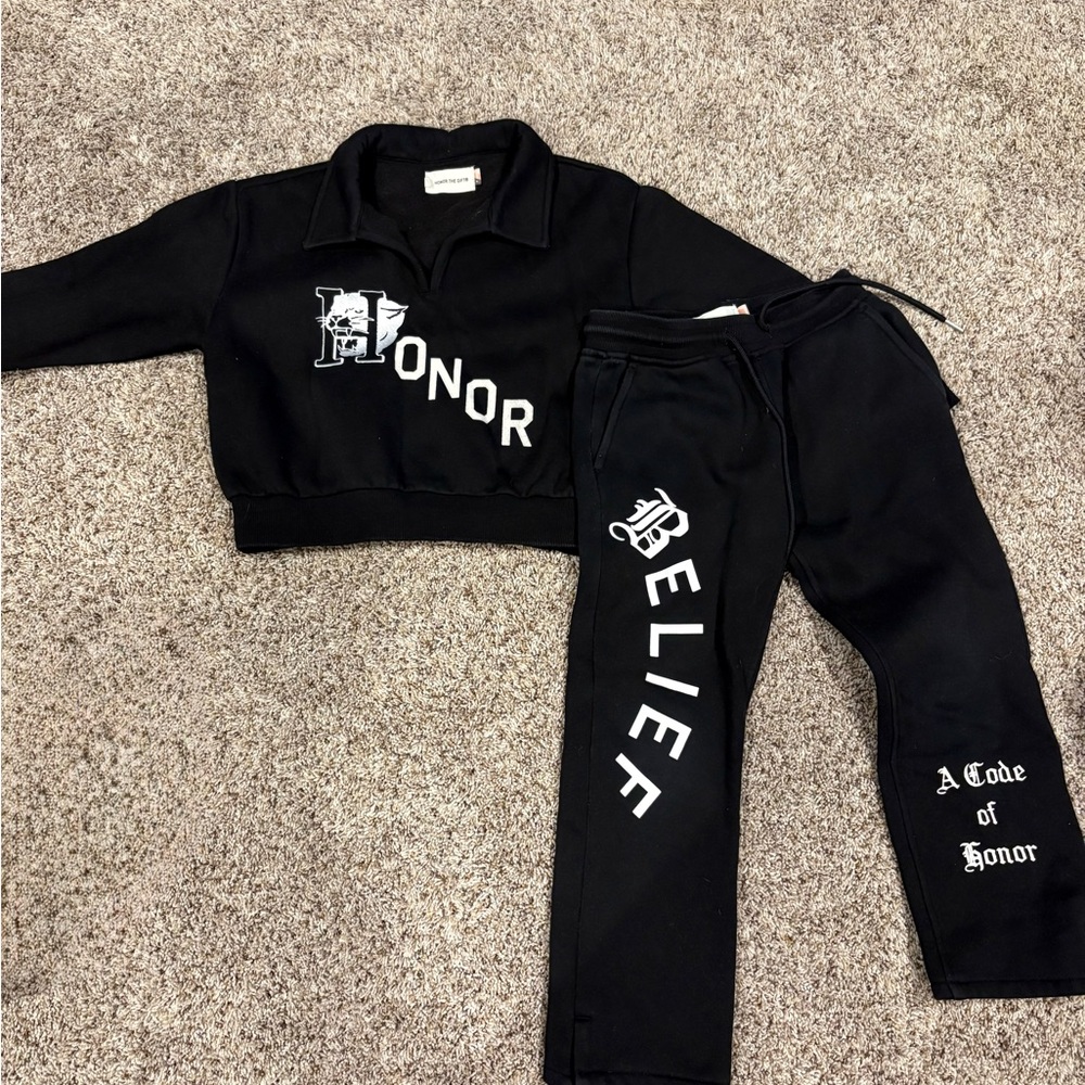 Black Kids Sweatshirt & Joggers Set with White Graphic Detail